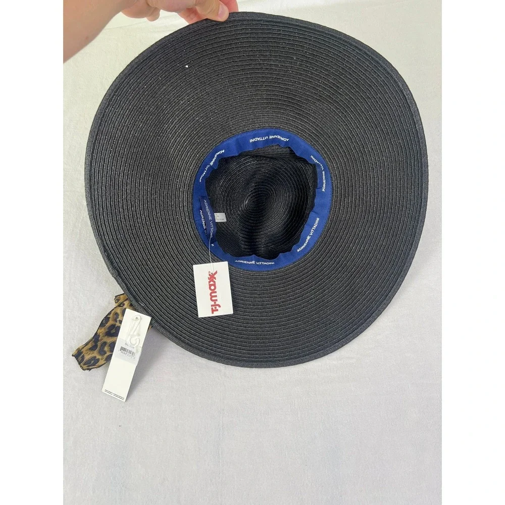 NWT Adrienne Vittadini Sun Hat OS Black New Leopard Print Scarf Wide Brim Resort